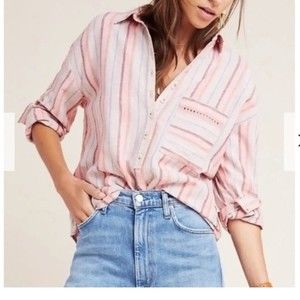 Anthropologie Maeve Lida Pink Striped Tunic Linen Cotton Blend Top Medium